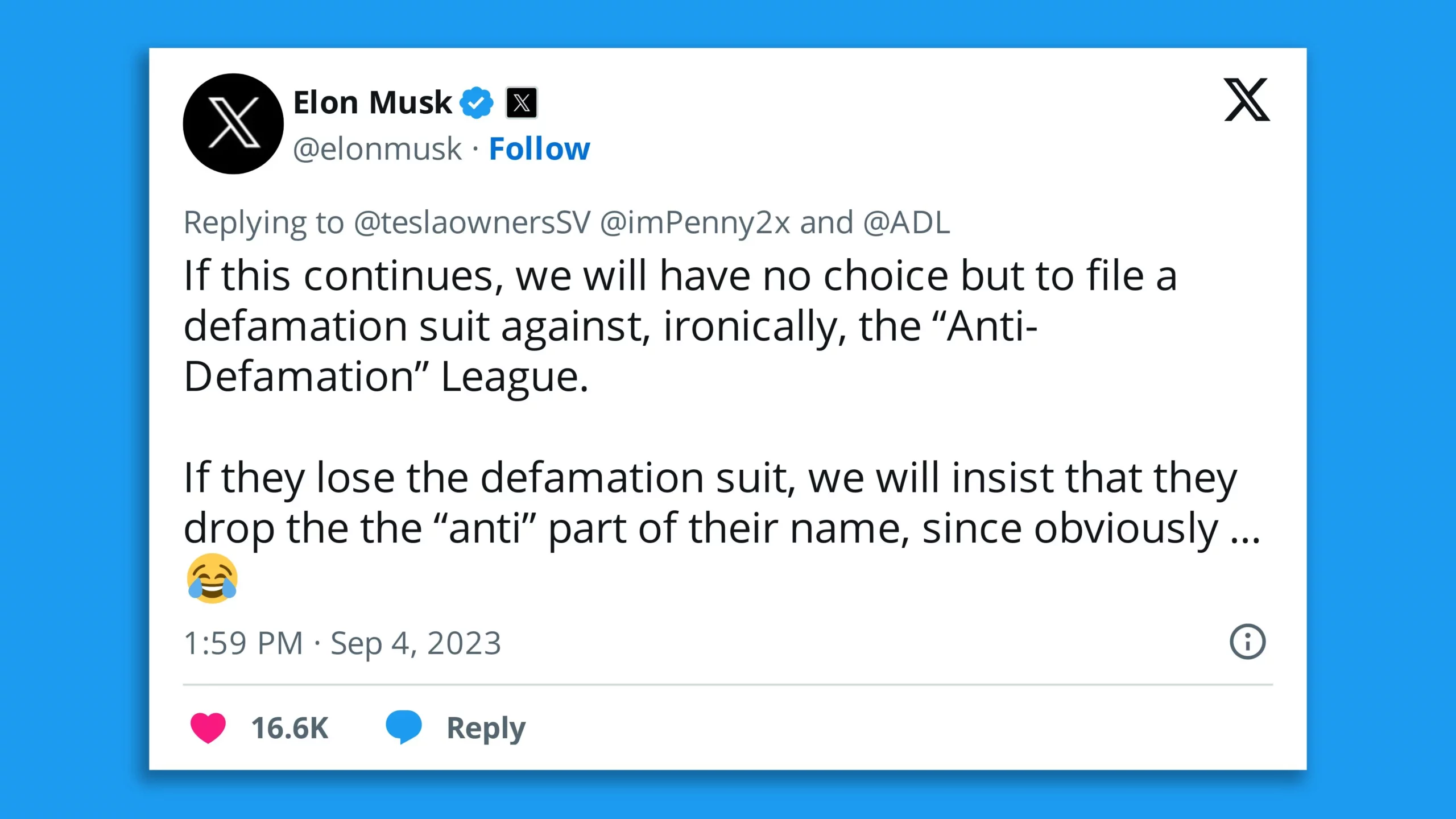 The ADL and Elon Musk may fight it out in court.