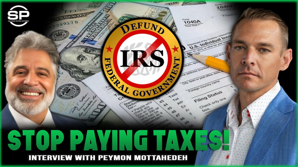 The Stew Peters Network text discusses the idea of defunding the U.S. government by not paying federal income taxes, arguing that there's no law requiring most Americans to do so.